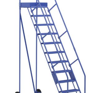 The Vestil Warehouse Ladder 58 Deg Grip 11 Stp 21In features a blue design with safety rails, including 11 steps at a 58-degree angle. Its platform suits industrial use, and two large rear wheels boost mobility in warehouse settings.