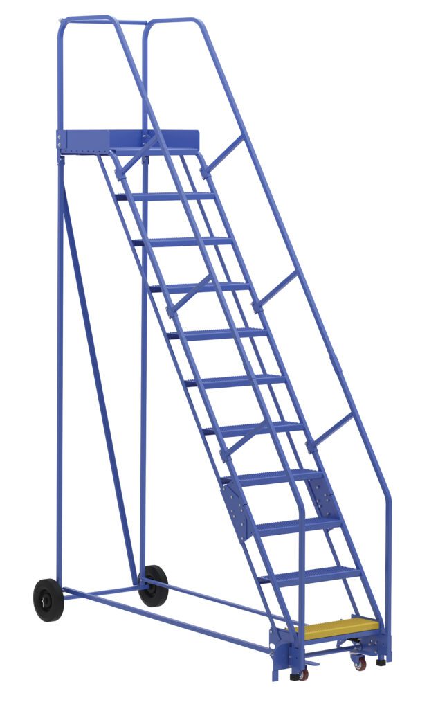 The Vestil Warehouse Ladder 58 Deg Perf 11 Stp 21In is a tall blue industrial ladder with a 58-degree incline and 11 perforated steps. It includes safety rails and two wheels at the base for easy mobility and stability.