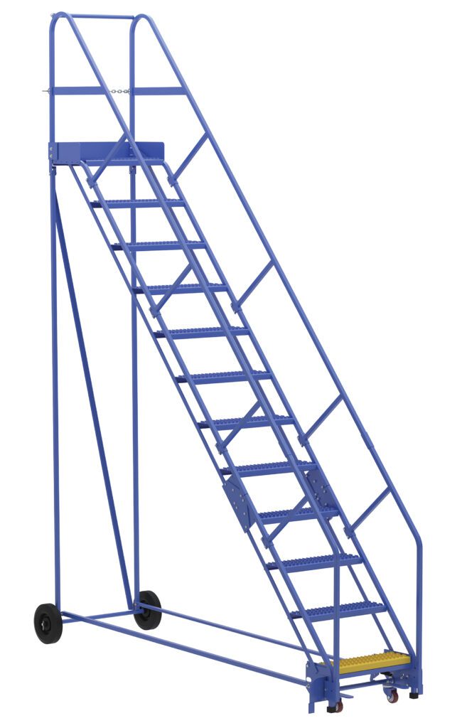 The Vestil Warehouse Ladder 50 Deg Grip 12 Stp 14In features a 50-degree angle, 12 sturdy steps, handrails, a top platform, and a perforated metal texture for safety. Its slanted design allows easy mobility with wheels.