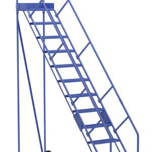 The Vestil Warehouse Ladder 50 Deg Grip 12 Stp 14In features a 50-degree angle, 12 sturdy steps, handrails, a top platform, and a perforated metal texture for safety. Its slanted design allows easy mobility with wheels.