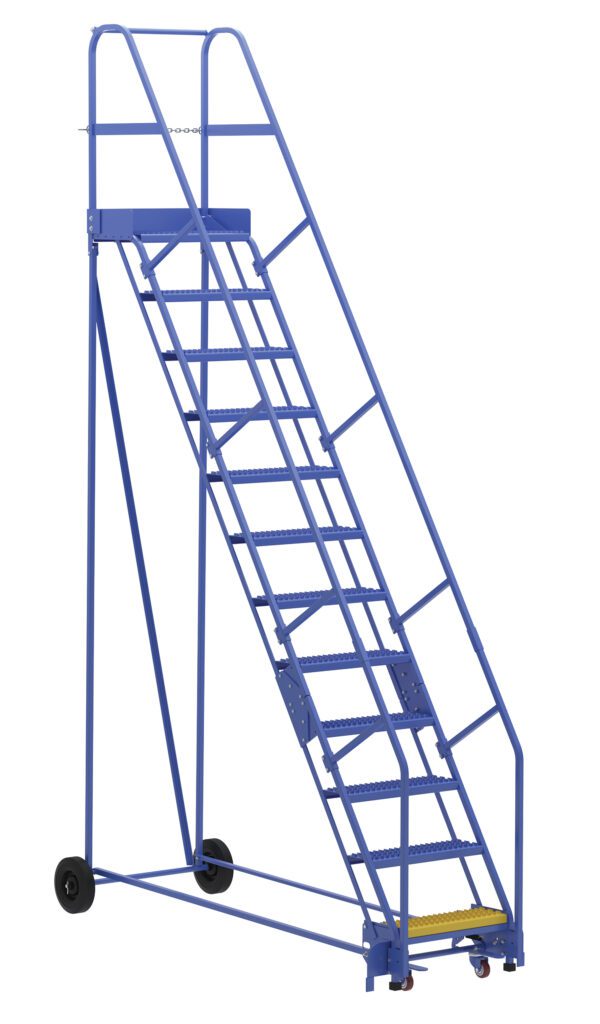 The Vestil Warehouse Ladder 58 Deg Grip 12 Stp 14In provides stability and ease of use with its robust frame, perforated metal steps, safety handrails, and wheels for effortless mobility.