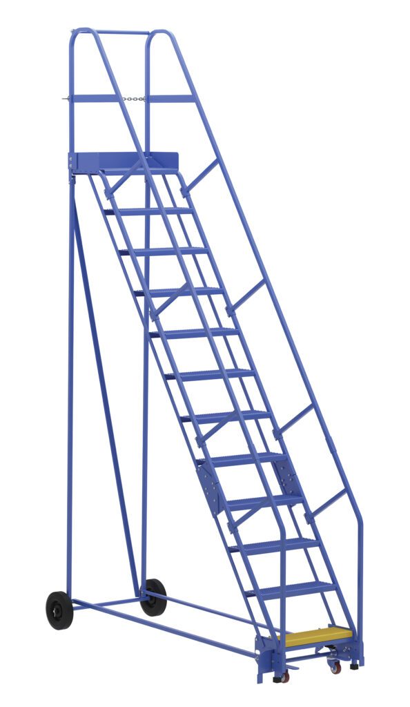 The Vestil Warehouse Ladder 58 Deg Perf 12 Stp 14In features a blue metal design with handrails, 12 non-slip steps, and a secure platform. With its wheels at the base, it offers easy mobility and is ideal for safe access in various settings.