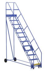 The Vestil Warehouse Ladder 50 Deg Perf 12 Stp 14In features a blue design with 12 steps, sturdy handrail, wheels for easy mobility, and a safety platform at the top. Its diagonal angle at a convenient 50 degrees enhances efficiency and safety.