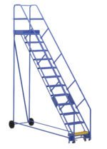 The Vestil Warehouse Ladder 50 Deg Grip 12 Stp 21In, featuring a blue metal frame, handrails, and wheels, offers a sturdy solution for safe access to high areas with its 50-degree grip and 21-inch wide steps, ensuring stability in busy settings.
