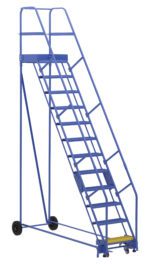 The Vestil Warehouse Ladder 58 Deg Grip 12 Stp 21In features a sturdy blue metal frame, safety rails, and a 58-degree angle. Its 12 steps and 21-inch wide grip provide secure access for industrial use, while rear wheels enable easy mobility.