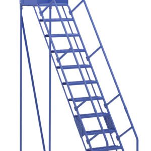 The Vestil Warehouse Ladder 58 Deg Grip 12 Stp 21In features a sturdy blue metal frame, safety rails, and a 58-degree angle. Its 12 steps and 21-inch wide grip provide secure access for industrial use, while rear wheels enable easy mobility.
