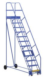 The Vestil Warehouse Ladder, a tall blue mobile ladder with safety rails and heavy-duty wheels, features wide steps and is expertly designed for industrial use to safely access high shelves.