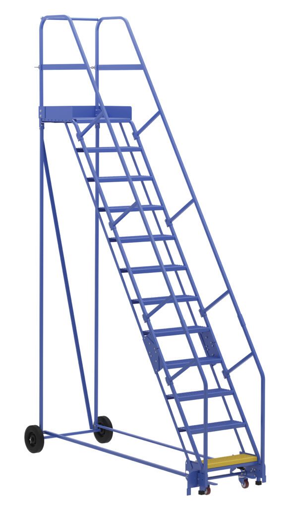 LAD-12-21-P.jpg The Vestil Warehouse Ladder, a tall blue mobile ladder with safety rails and heavy-duty wheels, features wide steps and is expertly designed for industrial use to safely access high shelves.