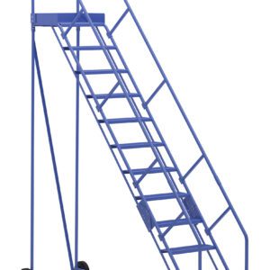 The Vestil Warehouse Ladder 50 Deg Perf 12 Stp 21In includes a tall blue frame, wheels for mobility, and has a yellow-accented top step. It features a 50-degree incline with handrails for safety, adding functionality with its 12 steps spaced at a 21-inch span.