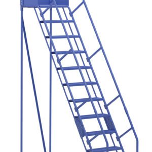 The Vestil Warehouse Ladder, a tall blue mobile ladder with safety rails and heavy-duty wheels, features wide steps and is expertly designed for industrial use to safely access high shelves.