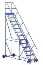 The Vestil Warehouse Ladder Model 50 Deg Grip 13 Stp 14In features a blue finish, 50-degree incline, and 13 grating steps. It includes a handrail, platform, and two wheels for mobility, with a robust 14-inch support frame for excellent stability.