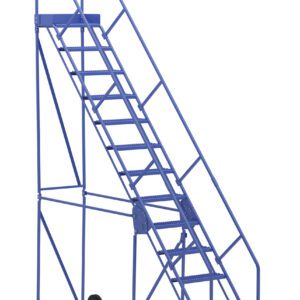 The Vestil Warehouse Ladder Model 50 Deg Grip 13 Stp 14In features a blue finish, 50-degree incline, and 13 grating steps. It includes a handrail, platform, and two wheels for mobility, with a robust 14-inch support frame for excellent stability.