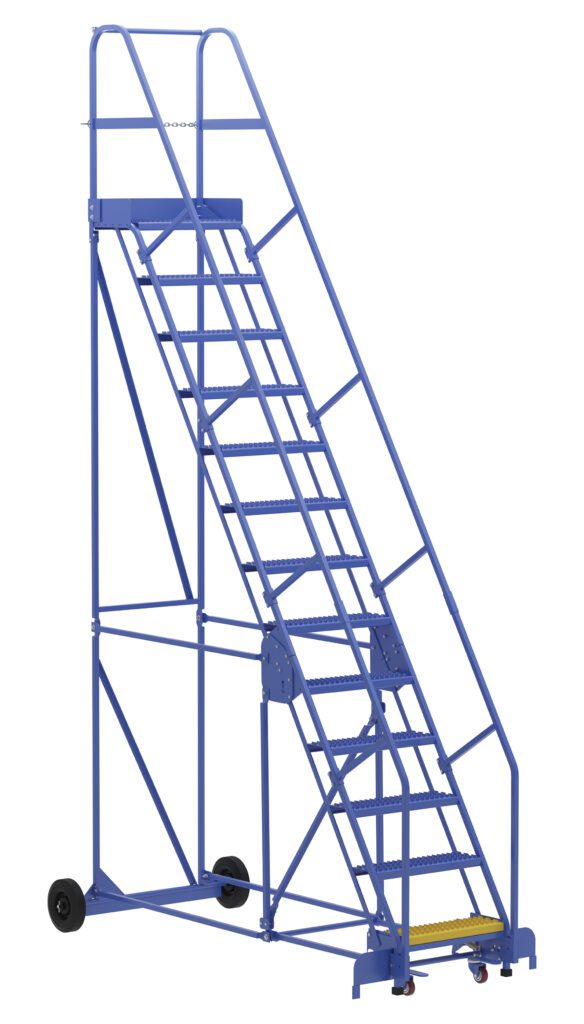 The Vestil Warehouse Ladder 58 Deg Grip 13 Stp 14In is a blue metal rolling ladder with handrails, wheels, a 58-degree grip, and 13 steps, designed for easy movement and secure access to high areas.
