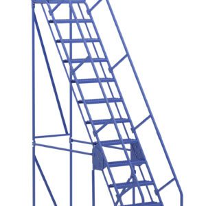 The Vestil Warehouse Ladder 58 Deg Grip 13 Stp 14In is a blue metal rolling ladder with handrails, wheels, a 58-degree grip, and 13 steps, designed for easy movement and secure access to high areas.