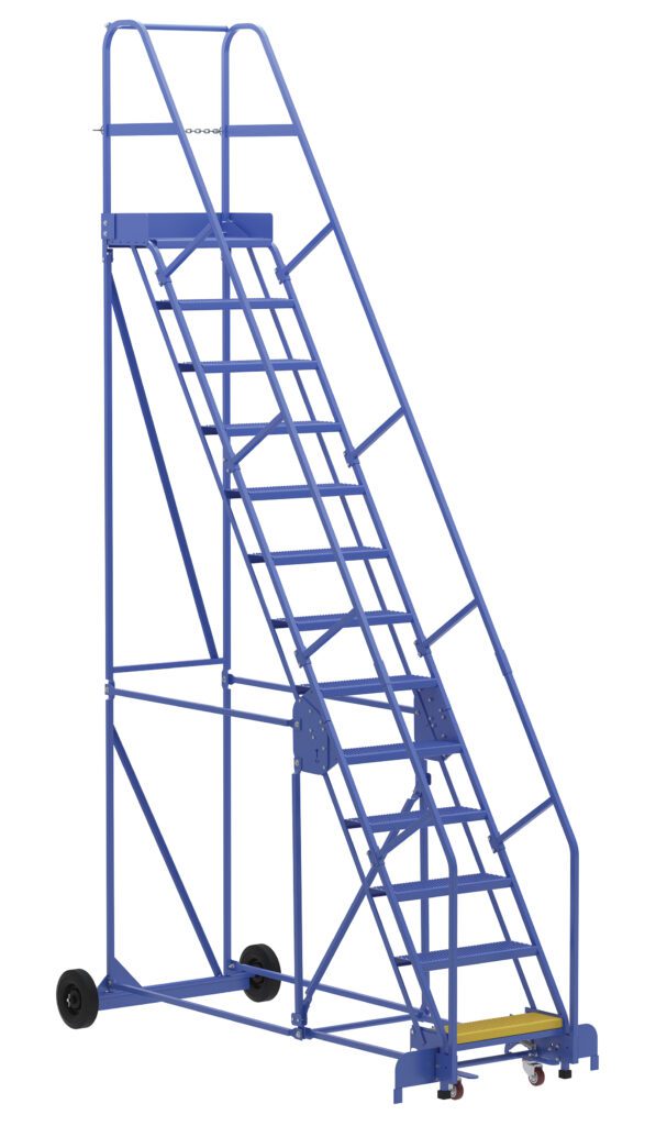 The blue Vestil Warehouse Ladder features 13 sturdy metal steps, handrails, two large rear wheels, stabilizing bars, and a top platform for easily reaching elevated areas.