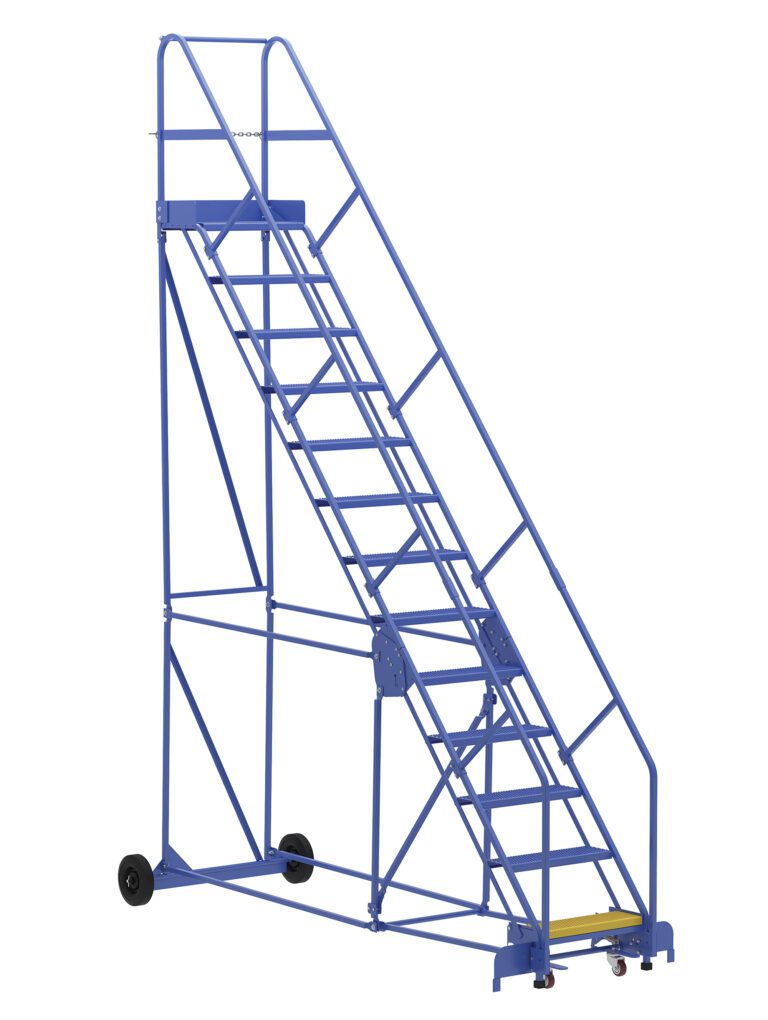 The Vestil Warehouse Ladder 50 Deg Perf 13 Stp 14In is a blue industrial rolling ladder with a 50-degree angle, featuring handrails, rubber wheels, and 13 perforated steps. Perfect for accessing high shelves safely, its robust design ensures reliability in any workspace.
