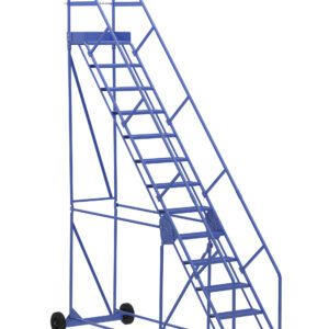 The Vestil Warehouse Ladder 50 Deg Perf 13 Stp 14In is a blue industrial rolling ladder with a 50-degree angle, featuring handrails, rubber wheels, and 13 perforated steps. Perfect for accessing high shelves safely, its robust design ensures reliability in any workspace.