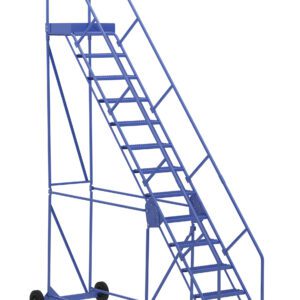 Introducing the Vestil Warehouse Ladder 50 Deg Grip 13 Stp 21In: a durable blue rolling staircase with handles, designed for industrial use. Featuring thirteen steps and wheels at the base, its sturdy design ensures easy mobility and safety in warehouse settings.