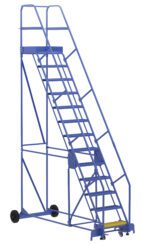 The Vestil Warehouse Ladder 58 Deg Grip 13 Stp 21In is a blue, rolling, and angled ladder with handrails and wheels. It has 13 metal steps at a 58-degree angle for easy access to high areas in industrial spaces, guaranteeing stability and efficiency ideal for warehouse use.