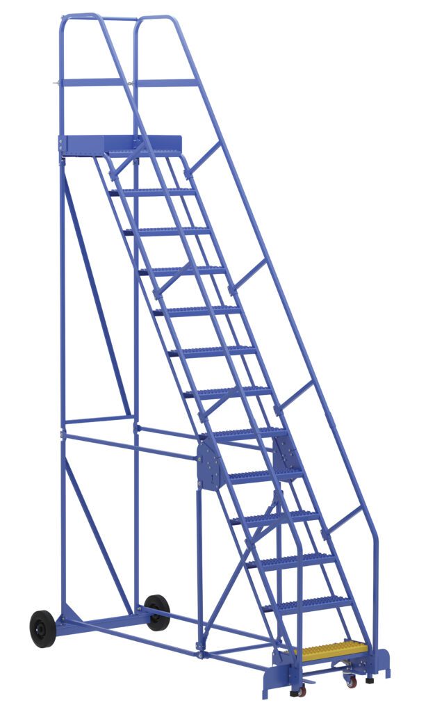 The Vestil Warehouse Ladder 58 Deg Grip 13 Stp 21In is a blue, rolling, and angled ladder with handrails and wheels. It has 13 metal steps at a 58-degree angle for easy access to high areas in industrial spaces, guaranteeing stability and efficiency ideal for warehouse use.