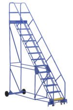 The Vestil Warehouse Ladder 50 Deg Perf 13 Stp 21In offers a 50-degree angle with 13 sturdy steps, a yellow-highlighted bottom step, dual handrails, and wheels for easy mobility, making it perfect for workspaces needing a reliable mobile staircase.