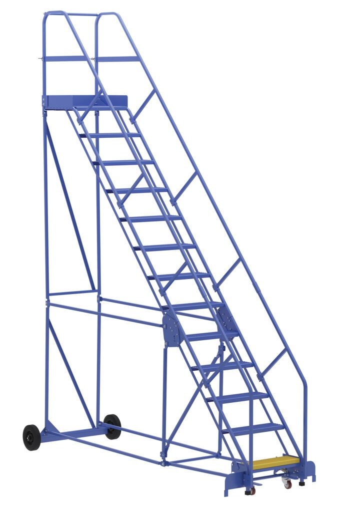 The Vestil Warehouse Ladder 50 Deg Perf 13 Stp 21In offers a 50-degree angle with 13 sturdy steps, a yellow-highlighted bottom step, dual handrails, and wheels for easy mobility, making it perfect for workspaces needing a reliable mobile staircase.