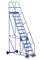 The Vestil Warehouse Ladder 58 Deg Perf 13 Stp 21In features a sleek blue metal design with a 58-degree incline, 13 perforated steps, mobility wheels, and a top safety guard for secure use in any setting.