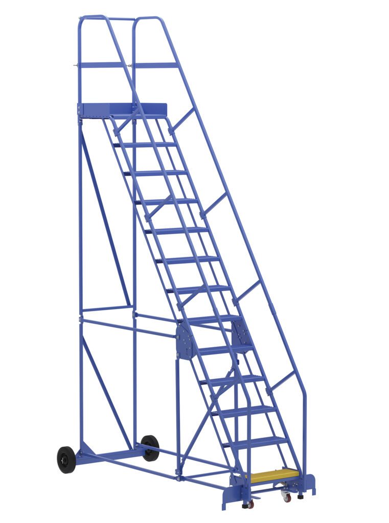 The Vestil Warehouse Ladder 58 Deg Perf 13 Stp 21In features a sleek blue metal design with a 58-degree incline, 13 perforated steps, mobility wheels, and a top safety guard for secure use in any setting.