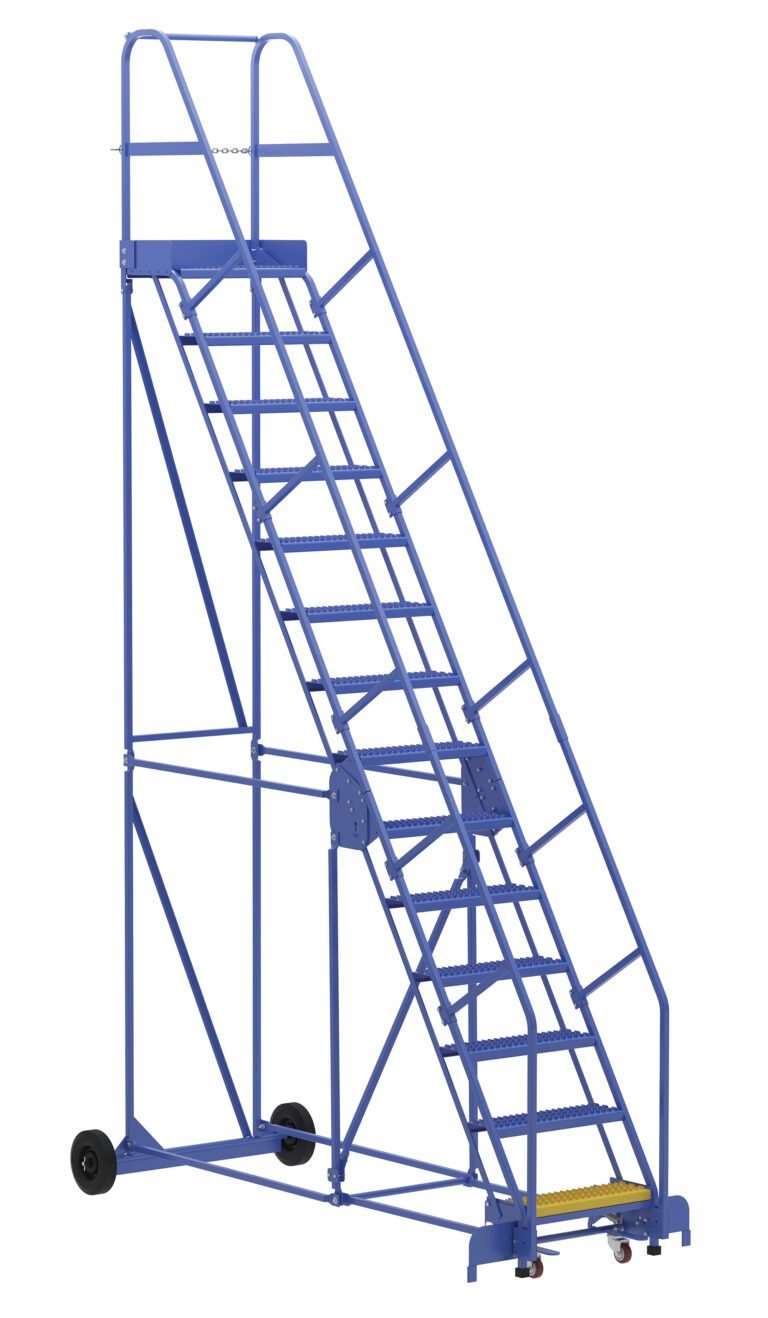 The Vestil Warehouse Ladder 58 Deg Grip 14 Stp 14In features angled safety rails, wheels for easy mobility, stabilizing bars, and a secure grip. With 14 steps leading to a platform, its ideal for industrial or warehouse use and is designed to last.