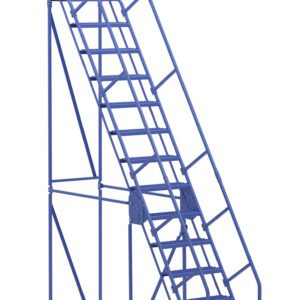 The Vestil Warehouse Ladder 58 Deg Grip 14 Stp 14In features angled safety rails, wheels for easy mobility, stabilizing bars, and a secure grip. With 14 steps leading to a platform, its ideal for industrial or warehouse use and is designed to last.