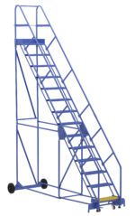 Introducing the Vestil Warehouse Ladder 50 Deg Perf 14 Stp 14In, featuring a blue design with safety handrails, non-slip steps, and wheels for easy mobility. Its stabilizing structure ensures support, all set against a plain white background for exceptional reliability.