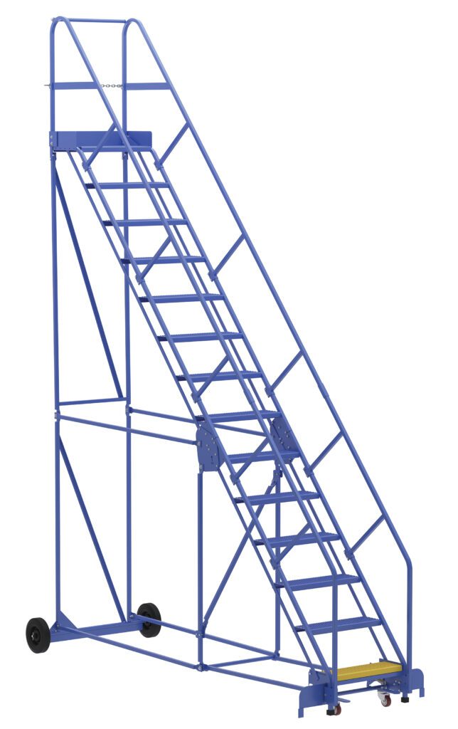 Introducing the Vestil Warehouse Ladder 50 Deg Perf 14 Stp 14In, featuring a blue design with safety handrails, non-slip steps, and wheels for easy mobility. Its stabilizing structure ensures support, all set against a plain white background for exceptional reliability.