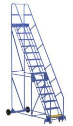 The blue Vestil Warehouse Ladder 58 Deg Perf 14 Stp 14In features a metal frame, handrails, 14 steps, small rear wheels, and a flat top platform for industrial or warehouse use.