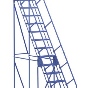 The blue Vestil Warehouse Ladder 58 Deg Perf 14 Stp 14In features a metal frame, handrails, 14 steps, small rear wheels, and a flat top platform for industrial or warehouse use.