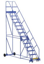The Vestil Warehouse Ladder 50 Deg Grip 14 Stp 21In is a blue mobile ladder with a 50-degree incline, handrails, and 14 sturdy metal steps. Its wheeled base allows for easy maneuverability, making it ideal for accessing high shelves in storage areas.