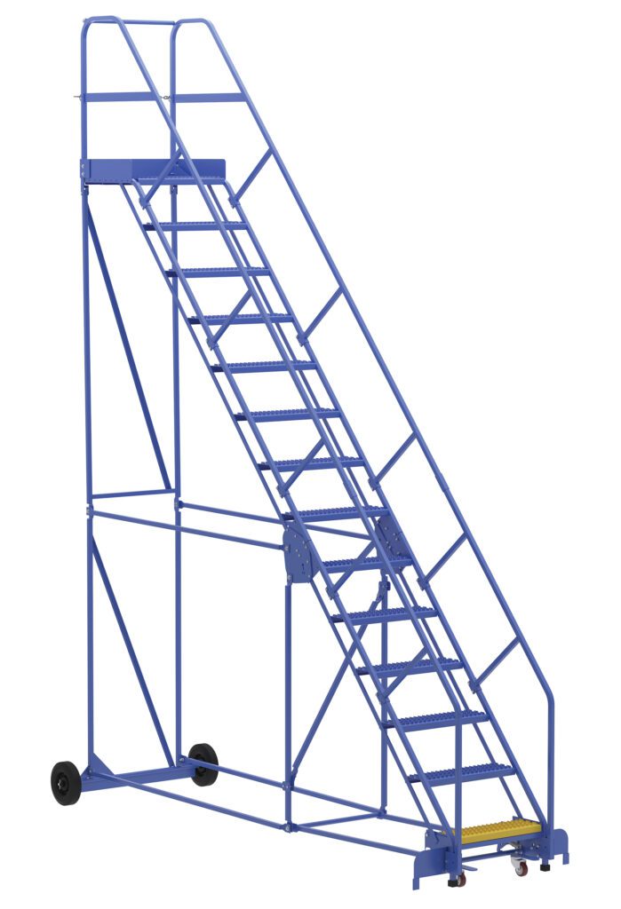 The Vestil Warehouse Ladder 50 Deg Grip 14 Stp 21In is a blue mobile ladder with a 50-degree incline, handrails, and 14 sturdy metal steps. Its wheeled base allows for easy maneuverability, making it ideal for accessing high shelves in storage areas.