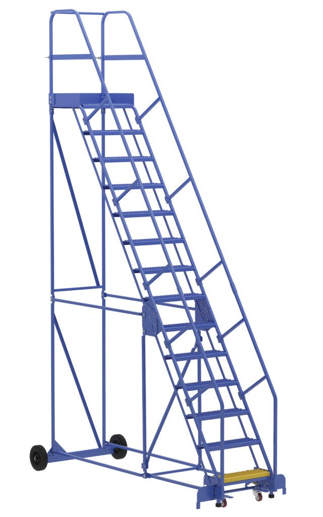 The Vestil Warehouse Ladder 58 Deg Grip 14 Stp 21In is blue, industrially designed, and features a 58-degree angle with 14 steps. It includes safety rails, a 21-inch grip, and two wheels for easy movement, making it ideal for stable access in warehouses.