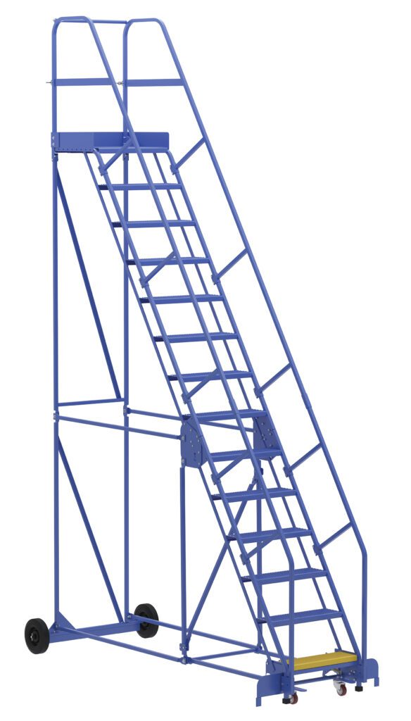 LAD-14-21-P_A.jpg The Vestil Warehouse Ladder 58 Deg Perf 14 Stp 21In, a blue metal ladder with railing and wheeled support, features a 58-degree angle and 14 sturdy steps ideal for industrial settings. It stands out against a white background, ensuring safety and convenience.