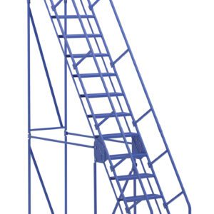 The Vestil Warehouse Ladder 58 Deg Perf 14 Stp 21In, a blue metal ladder with railing and wheeled support, features a 58-degree angle and 14 sturdy steps ideal for industrial settings. It stands out against a white background, ensuring safety and convenience.