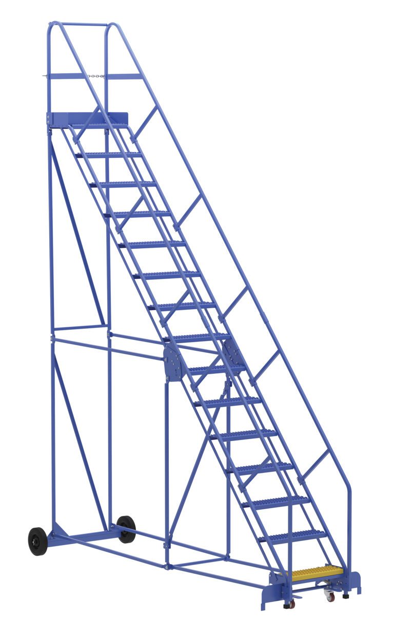 The Vestil Warehouse Ladder 50 Deg Grip 15 Stp 14In features 15 non-slip steps with a 50-degree incline, handrails, and a top platform. It rolls smoothly on wheels while stability bars offer firm support, making it ideal for any industrial environment.