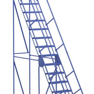 The Vestil Warehouse Ladder 58 Deg Grip 15 Stp 14In is a tall, blue metal rolling ladder with handrails and small wheels for mobility. It features 15 sturdy steps, each 14 inches wide, designed at a 58-degree angle for enhanced safety and stability in industrial or warehouse settings.