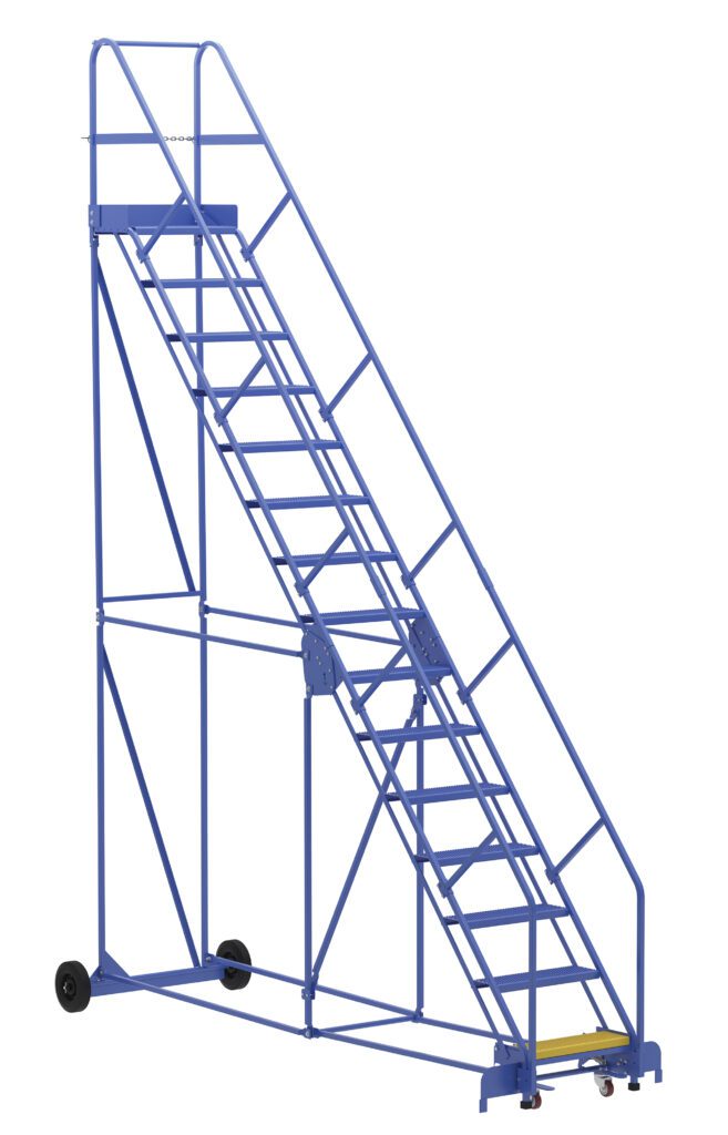 The Vestil Warehouse Ladder 50 Deg Perf 15 Stp 14In offers a sturdy blue platform with a 50-degree slope, 15 steps, side railings, wheels, and a perforated metal frame for safe access to high areas.