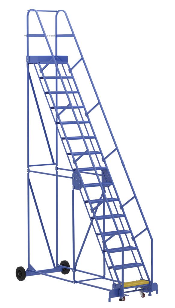 The Vestil Warehouse Ladder 58 Deg Perf 15 Stp 14In comes in blue and features safety rails, a 58-degree angle, and 15 steps. An anti-slip surface with yellow caution markings enhances security, while wheels ensure easy movement in any workspace.