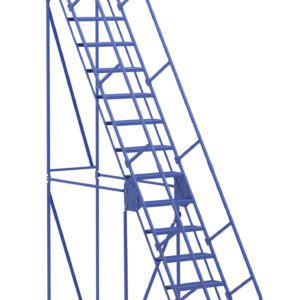 The Vestil Warehouse Ladder 58 Deg Perf 15 Stp 14In comes in blue and features safety rails, a 58-degree angle, and 15 steps. An anti-slip surface with yellow caution markings enhances security, while wheels ensure easy movement in any workspace.