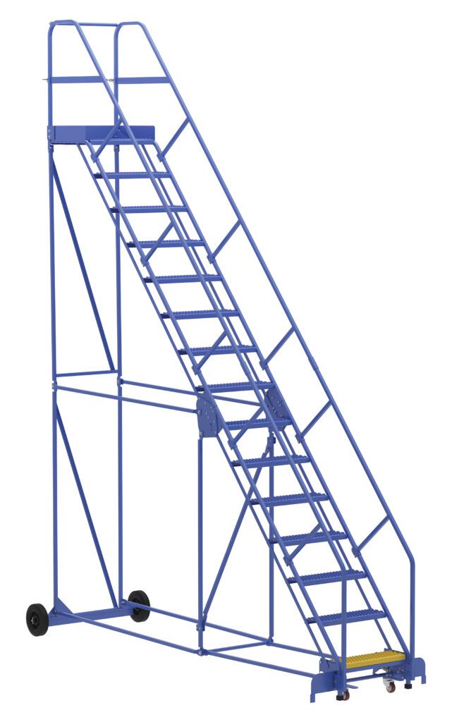 The blue Vestil Warehouse Ladder 50 Deg Grip 15 Stp 21In is a metal rolling ladder with wheels, featuring a 50-degree angle and grip. It has 15 steps that lead to a platform with guardrails, making it ideal for safe industrial access to high shelves or storage areas.