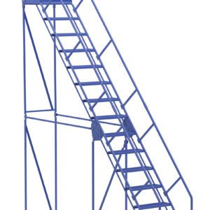 The blue Vestil Warehouse Ladder 50 Deg Grip 15 Stp 21In is a metal rolling ladder with wheels, featuring a 50-degree angle and grip. It has 15 steps that lead to a platform with guardrails, making it ideal for safe industrial access to high shelves or storage areas.