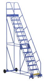 The Vestil Warehouse Ladder 58 Deg Grip 15 Stp 21In features a safety cage and 15 steps leading to a top platform. Its blue industrial design, with a 58-degree angle and sturdy grip, includes base wheels for easy mobility, ensuring efficient navigation in any workspace.