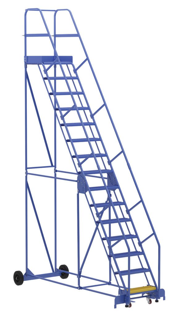 The Vestil Warehouse Ladder 58 Deg Grip 15 Stp 21In features a safety cage and 15 steps leading to a top platform. Its blue industrial design, with a 58-degree angle and sturdy grip, includes base wheels for easy mobility, ensuring efficient navigation in any workspace.