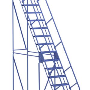 The Vestil Warehouse Ladder 58 Deg Grip 15 Stp 21In features a safety cage and 15 steps leading to a top platform. Its blue industrial design, with a 58-degree angle and sturdy grip, includes base wheels for easy mobility, ensuring efficient navigation in any workspace.