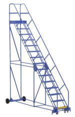 The Vestil Warehouse Ladder 50 Deg Perf 15 Stp 21In features a blue steel frame, 15 steps at a 50-degree angle, handrails on both sides, two wheels, and a yellow platform for safety and efficiency in industrial use.